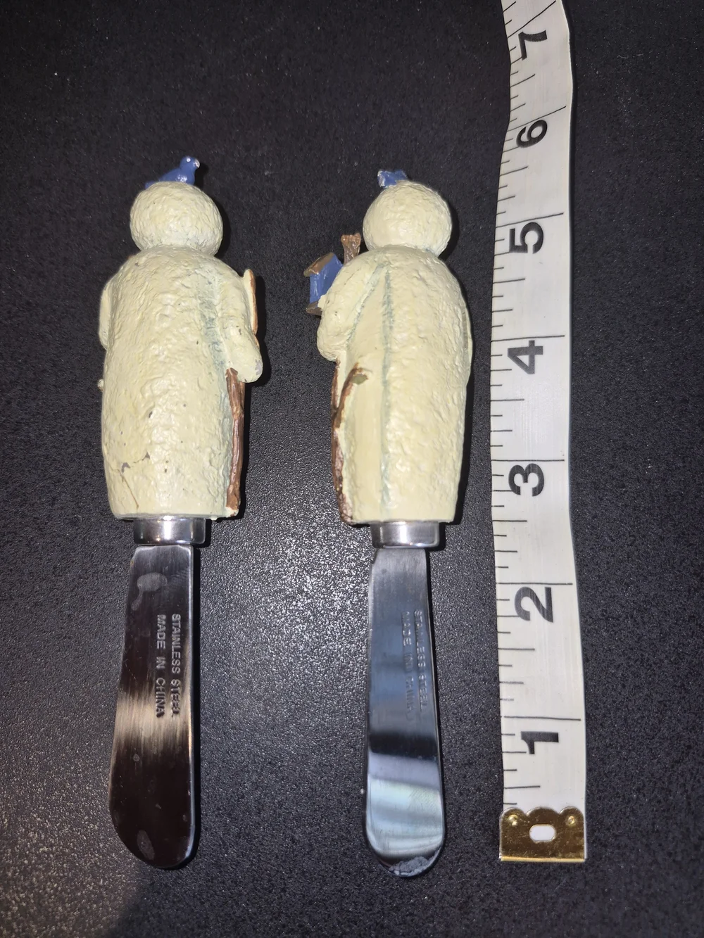 Vintage Christmas Cheese Spreaders Stainless Snowman Knife Knives Set-2